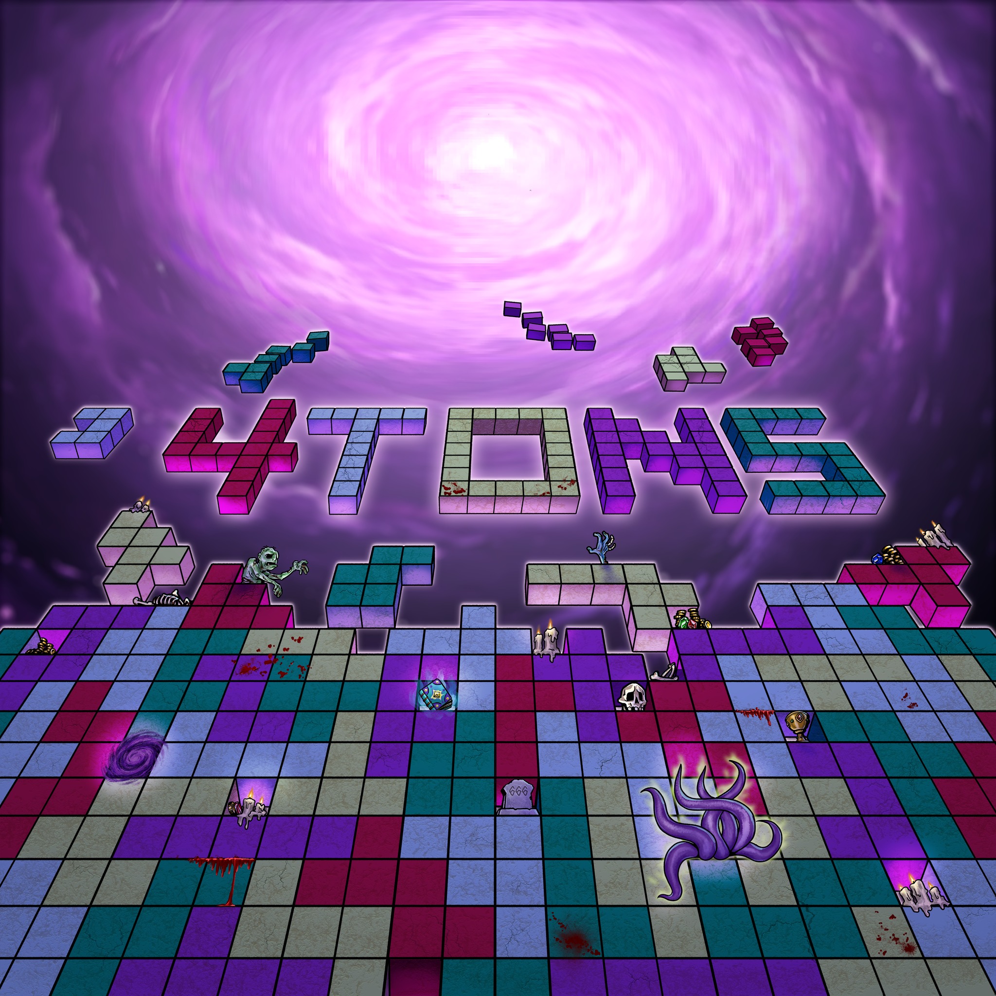 Key art for 4 Towers of Nerdstorm: falling tetromino blocks over a haunted grid, with zombies, candles, gravestones and a glowing purple vortex overhead.